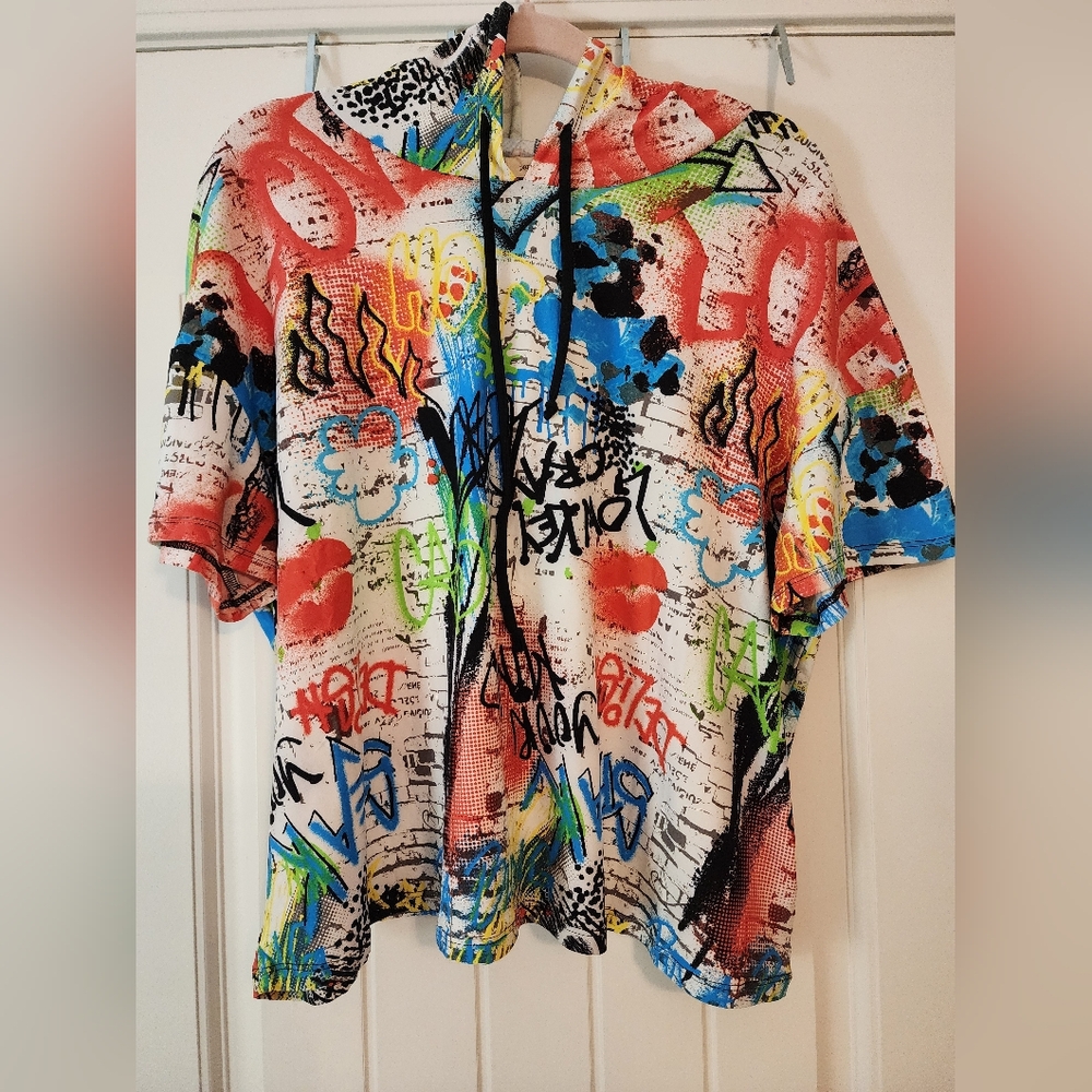 Paper Tee Colorful Graffiti Short Sleeve Lightweight Hoodie Streetware 2X